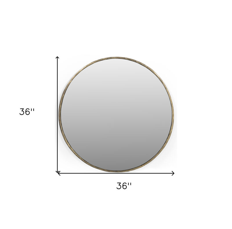 HomeRoots 36" Antiqued Brass Iron Round Framed Accent Mirror image number 4