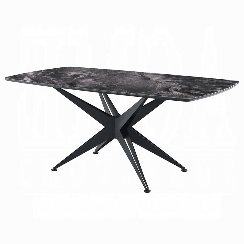 Laus Dining Table, 71 Inch Crystal Glass Top, Black Geometric Base