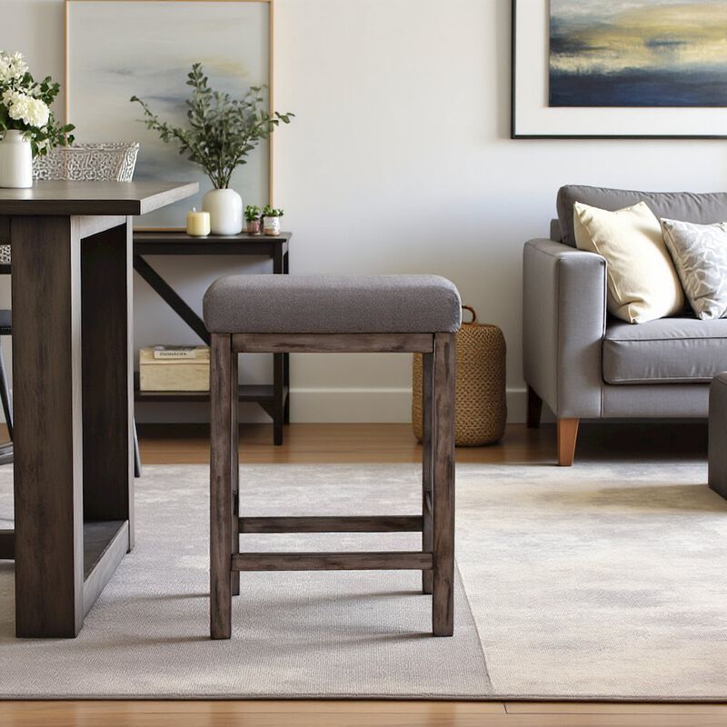 Gray Upholstered Stool for Vanity, Small Vanity Stool with Wooden Legs image number 6