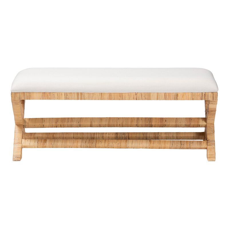 bali & pari Christy Natural Rattan Bench - Hand Wrapped Wicker Accent Seating with Upholstered Cushion and Crisscross Frame image number 1