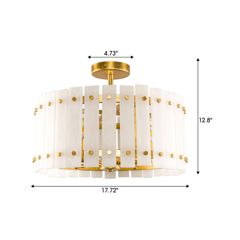 17.7" 4-Light Modern Gold Caged Semi Flush Mount Ceiling Light with Imitation Marble Shade