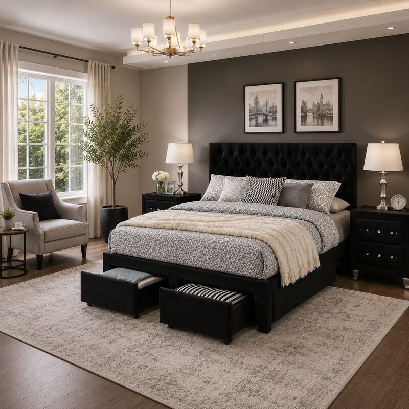King Bedroom Set, Black Wood, 3 Piece Set with 2 Nightstands image number 1