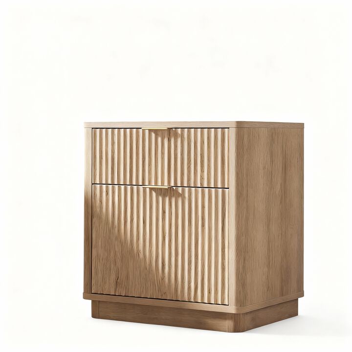 Fluted 2-Drawer Nightstand with Charging Station, Curved Modern Bedside Table