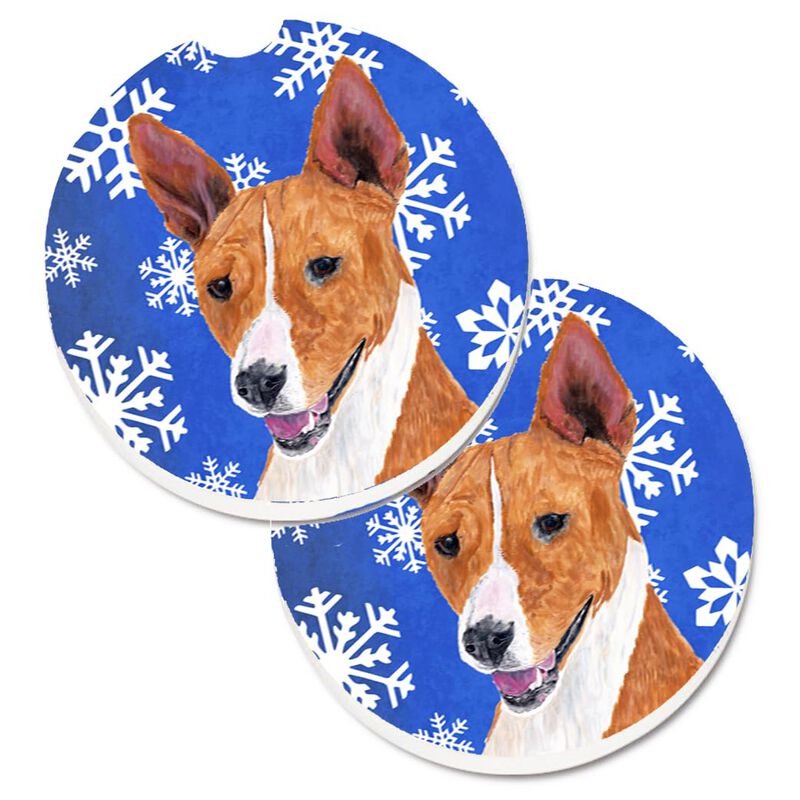 Caroline's Treasures Basenji Winter Snowflakes Holiday Set of 2 Cup Holder Car Coasters SC9387CARC, 2.56, Multicolor image number 0