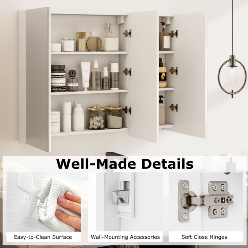 Frameless Bathroom Wall Mounted Mirror Cabinet with 3 Doors and Adjustable Shelves image number 8