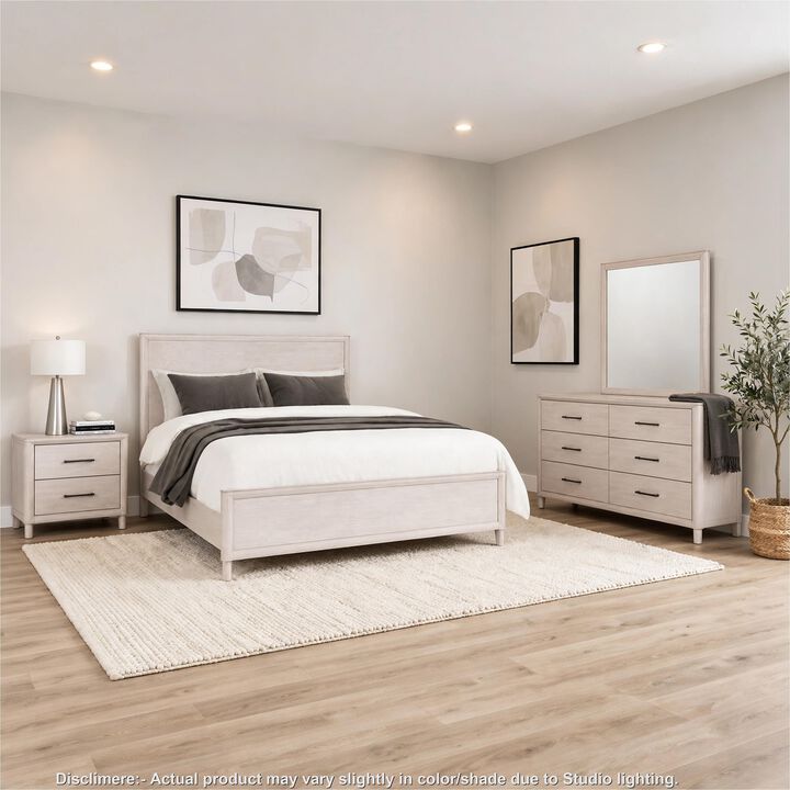 Reham 4pc Queen Bedroom Set, Nightstand, Mirror, White Wash Brown Wood