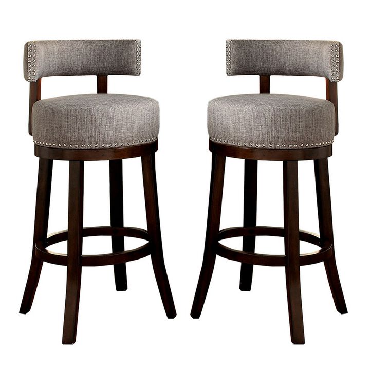 Swivel Barstool with Curved Open Low Back, Set of 2, Gray and Brown-Benzara