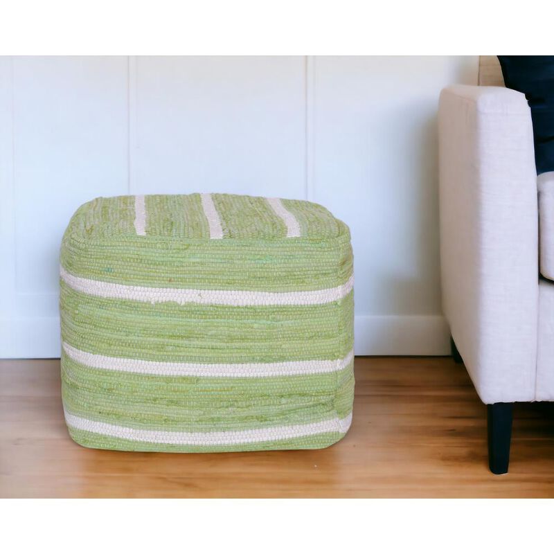 Hivvago 18 Inch Green And White Cotton Cube Striped Pouf Ottoman