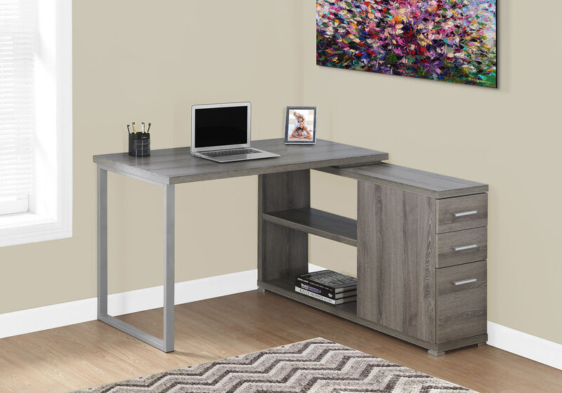 Computer Desk, Home Office, Corner, Left, Right Set-Up, Storage Drawers, L Shape, Work, Laptop, Metal, Laminate, Brown, Grey, Contemporary, Modern