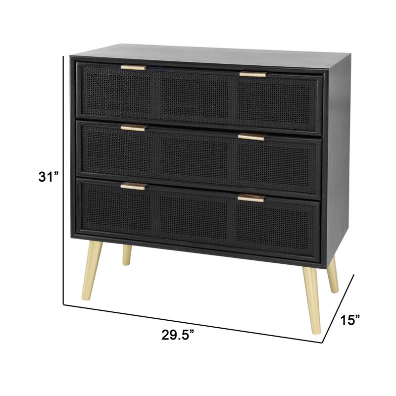 31 Inch Dresser Chest Cabinet, 3 Drawers, Woven Rattan, Modern, Black, Gold - Benzara