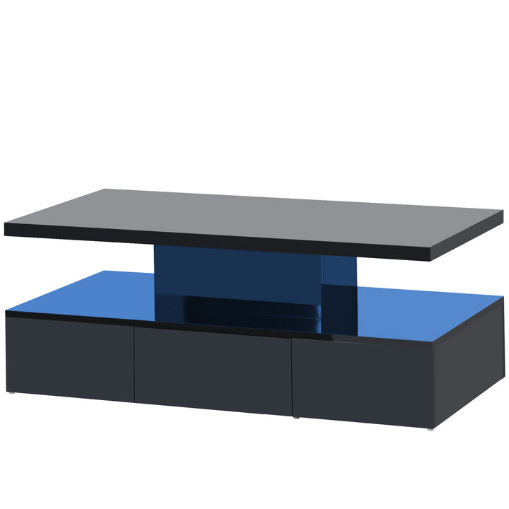 Modern Glossy Coffee Table with Drawer, 2-Tier Rectangle Center Table