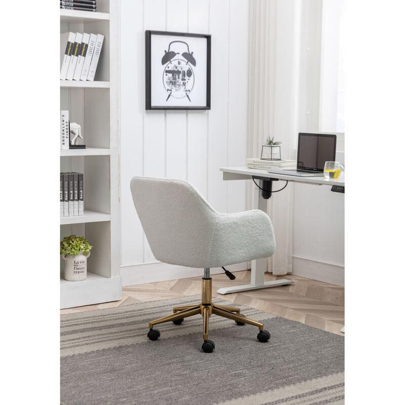 Modern Teddy Fabric Material Adjustable Height 360 Revolving Home Office Chair With Gold Metal Legs And Universal Wheel For Indoor,White