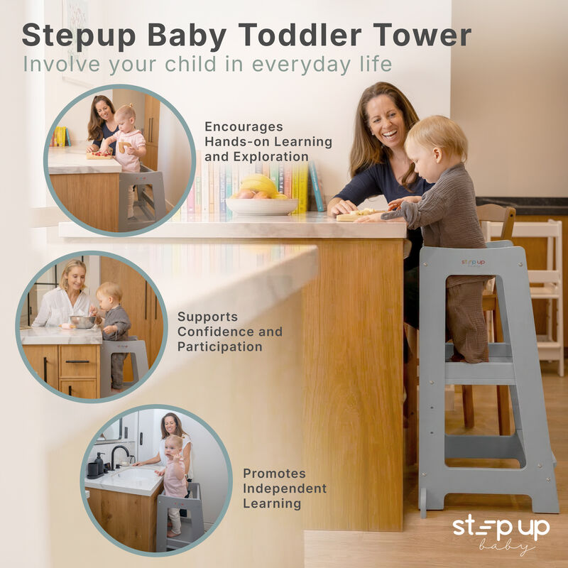 Stepup Baby&reg; Adjustable Toddler Tower - Gray Wooden Step Stool for Kids | Toddler Standing Tower with Child-safe Chopper & Chopping Board for 18M-4Y image number 2