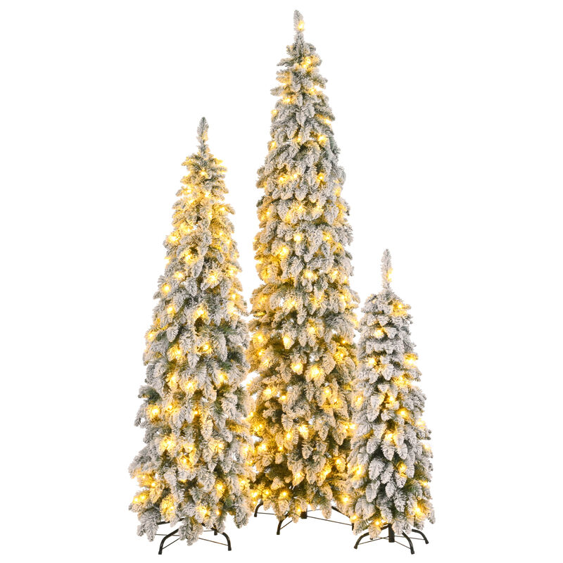 Whisen 8FT, 6FT, 4FT Pre-Lit Pencil Christmas Trees, 3-set Slim Artificial Christmas Tree With Snow Flocking, Xmas Holiday Decoration Tree, 1455 Branch Tips, 520 LED Lights image number 7