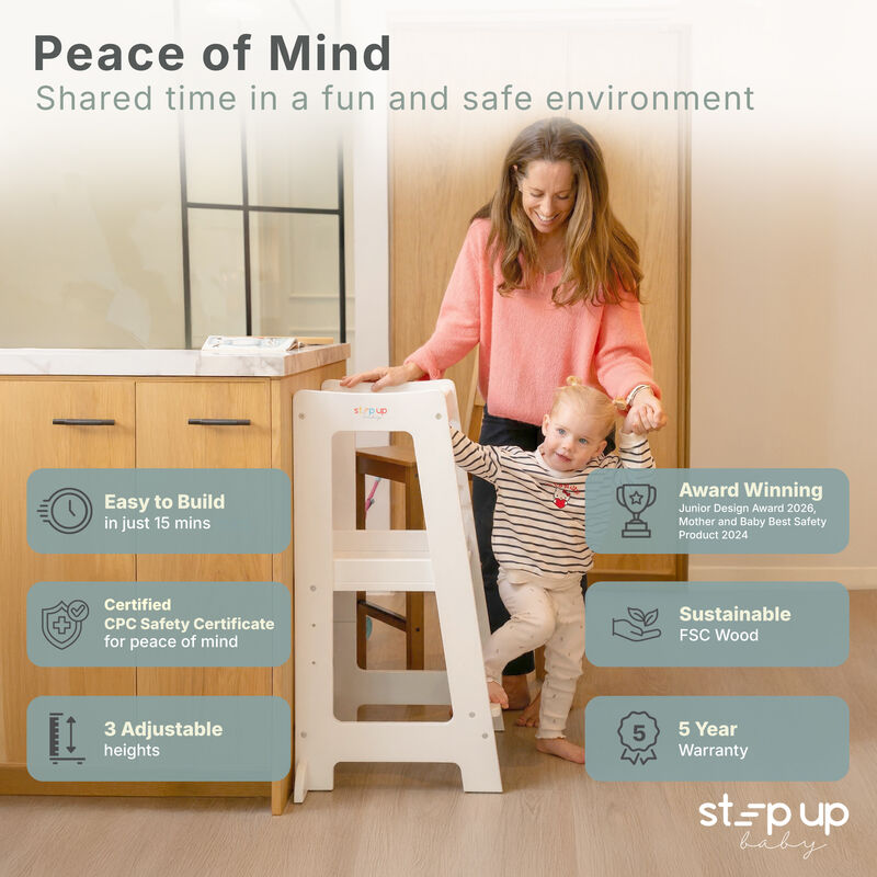 Stepup Baby&reg; Adjustable Toddler Tower - White Wooden Step Stool for Kids | Toddler Standing Tower with Child-safe Chopper & Chopping Board for 18M-4Y image number 3