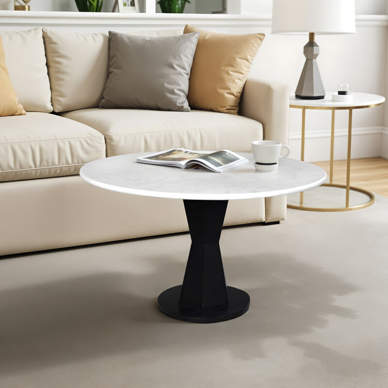 Riko Coffee Table, White Marble Top on Modern Iron Stand, Round Table, 27"