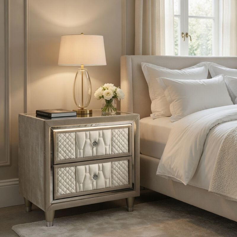 Maren Nightstand with 2 LED Drawers, USB Port, Velvet image number 8