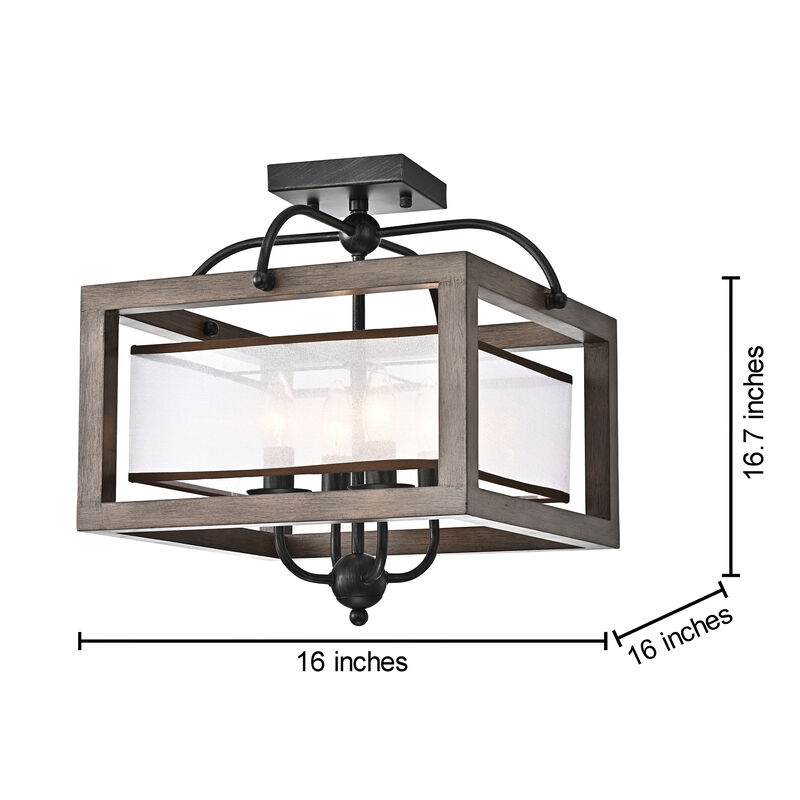 Karin 4-light Antique Black Metal Natural Wood Flush Mount with Fabric Shade image number 4