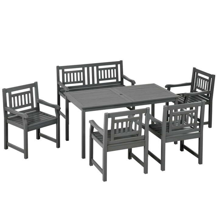 Outsunny 6 Piece Patio Dining Set, Outdoor Poplar Wood Furniture Set, Umbrella Hole Table and Chairs with Bench for Porch, Backyard, Balcony, Outside Garden, Dark Gray