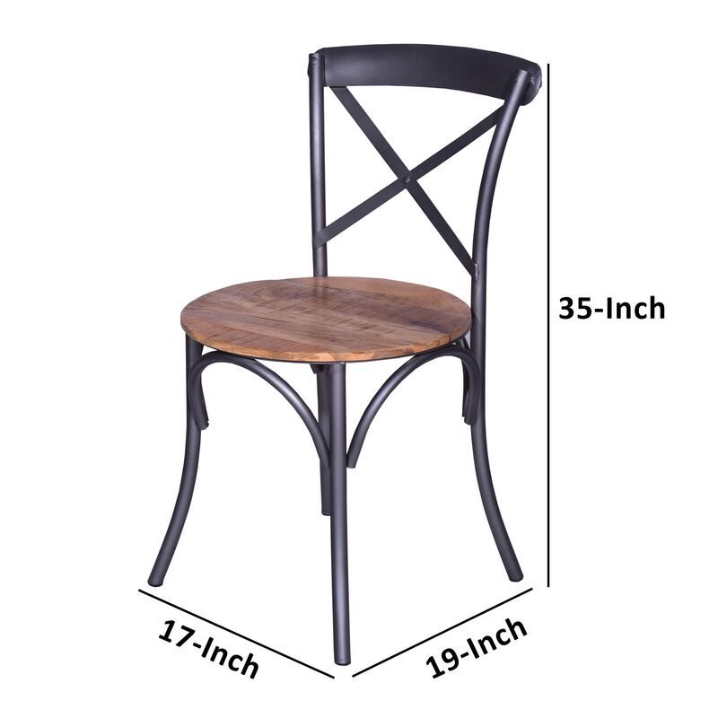 19 Inch Industrial Dining Chair with Mango Wood Seat, Open X Iron Backrest, Metallic Gray, Brown-Benzara
