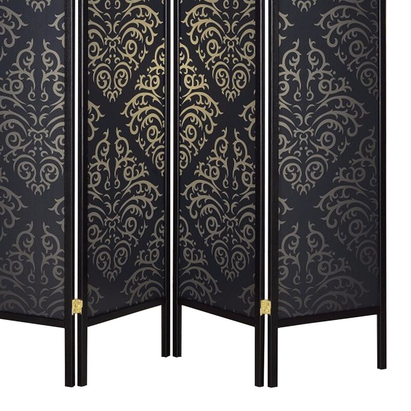Captivating Four Panel Folding Screen With Damask Print, Black