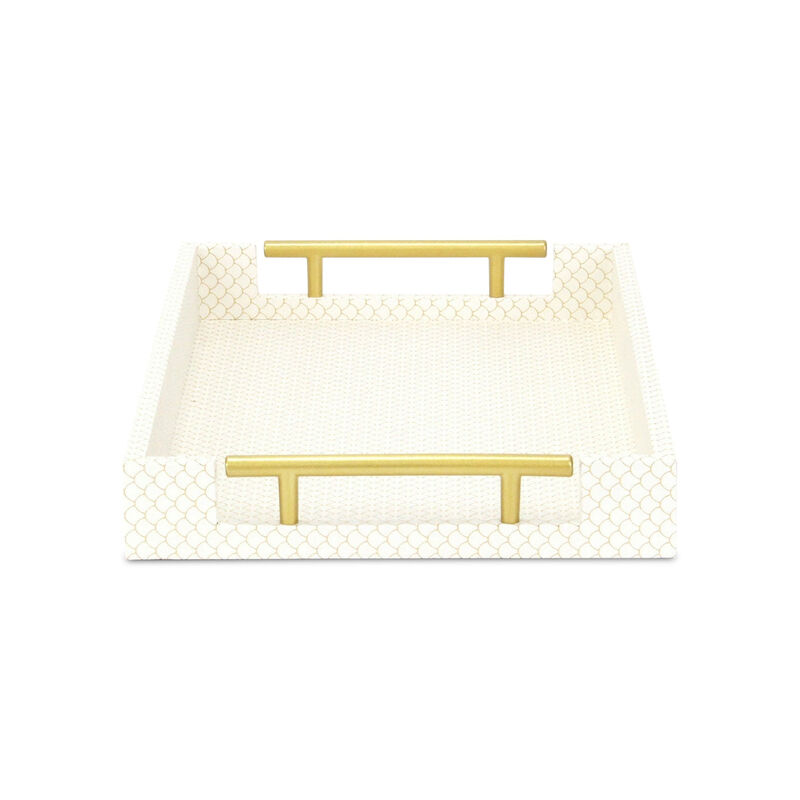 HomeRoots 16" Ivory And Gold Geometric Print Handmade Serving Tray With Handles image number 4