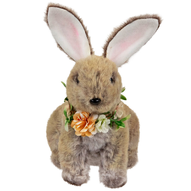 Plush Rabbit with Flower Wreath Easter Figurine - 8.5"