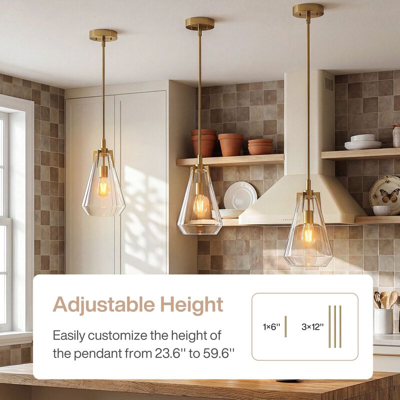 Gold Pendant Light with Clear Glass Shade, Adjustable Downrods image number 8