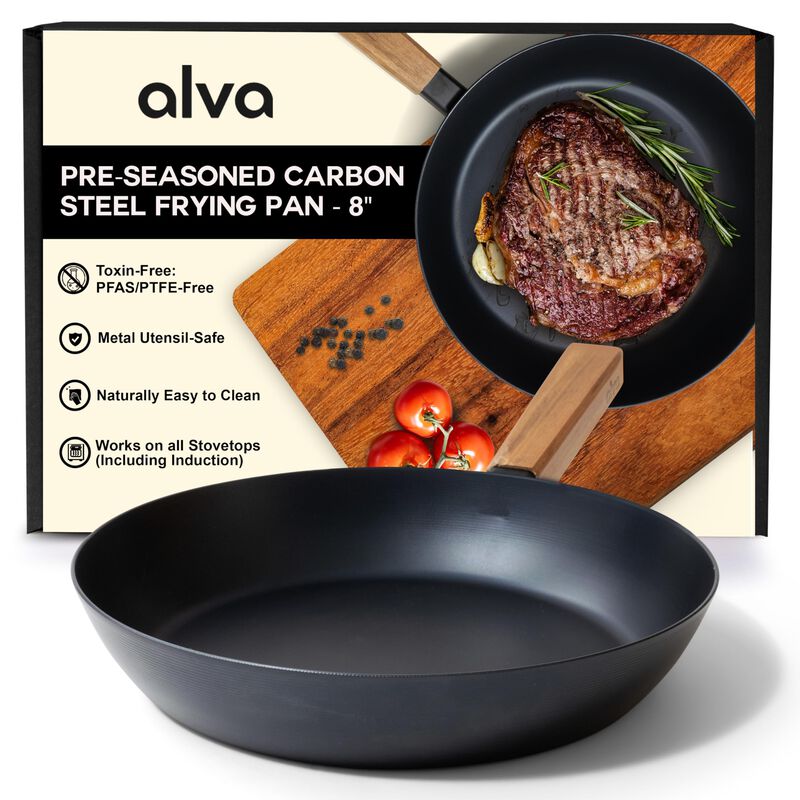 Alva Forest Carbon Steel Pan Pre-Seasoned with Natural Mineral Oil, Acacia Wood Stay Cool Handle Nonstick Frying Pan for Searing Steak, Non Toxic, Compatible with All Stovetops and Induction Safe