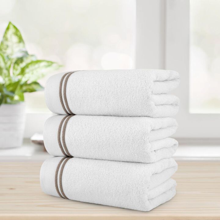 Chic Home Luxurious 3-Piece Super Soft Pure Turkish Cotton White Bath Towels Set 30" x 60" Taupe Striped Hem