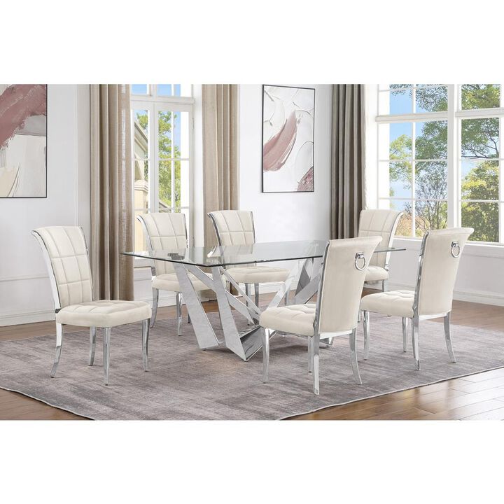 7pc Small(78") glass dining set with silver base and 6 Cream side chairs