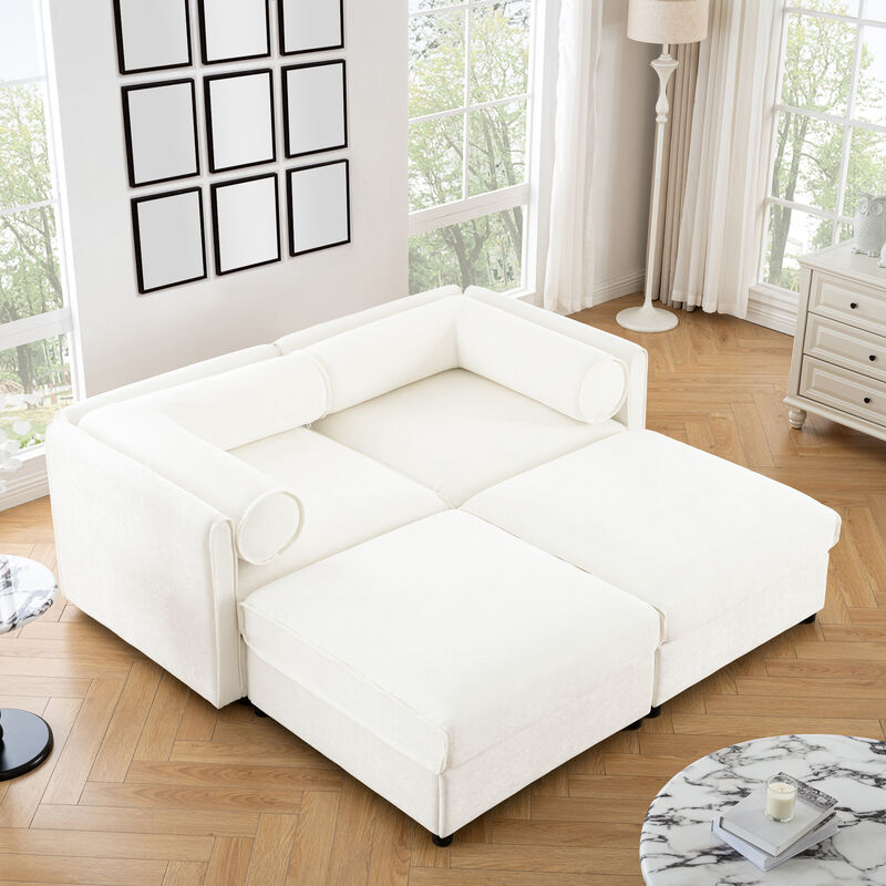 Merax Chenille Loveseat Sofa with 2 Ottomans and Hidden Storage