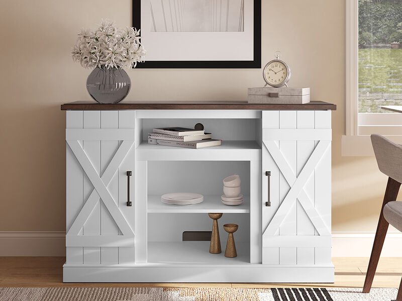 BELLEZE Industrial 47 Inch Rustic Wood TV Stand & Media Entertainment Center Console Table for TVs up to 50 Inch with Open Storage Shelves & Cabinets - Veropeso (White)