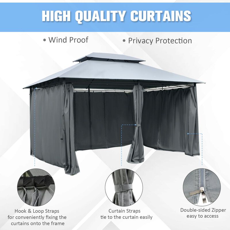 10' x 13' Outdoor Soft Top Gazebo Pergola with Curtains, 2-Tier Steel Frame Gazebo for Patio, Sage Grey image number 3