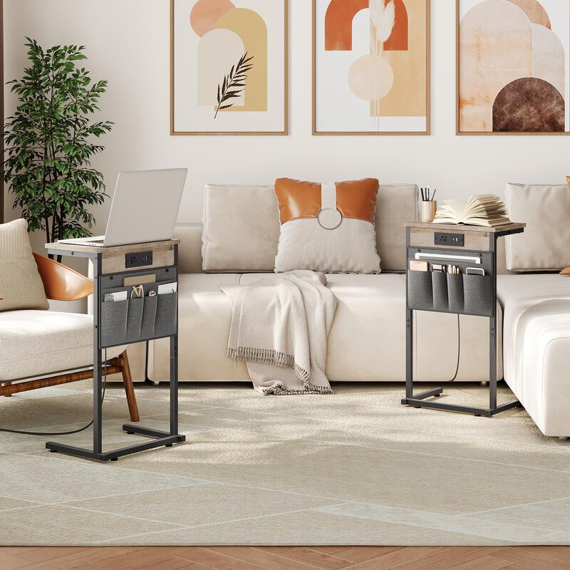 HOOBRO C Shaped End Table with Charging Station, 28"" Tall Couch Table for Couch and Recliner for Small Spaces, Slide Under Sofa