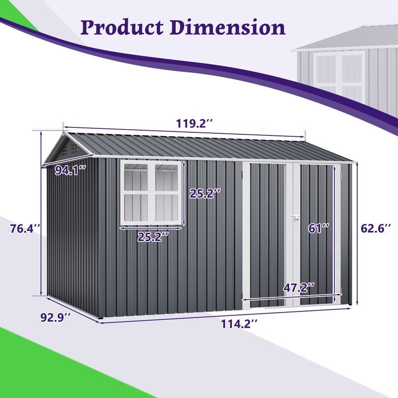 10X8FT Outdoor Steel Storage Shed with Clear Window,Lockable Doors,Weather-Resistant Metal Tool Shed image number 3