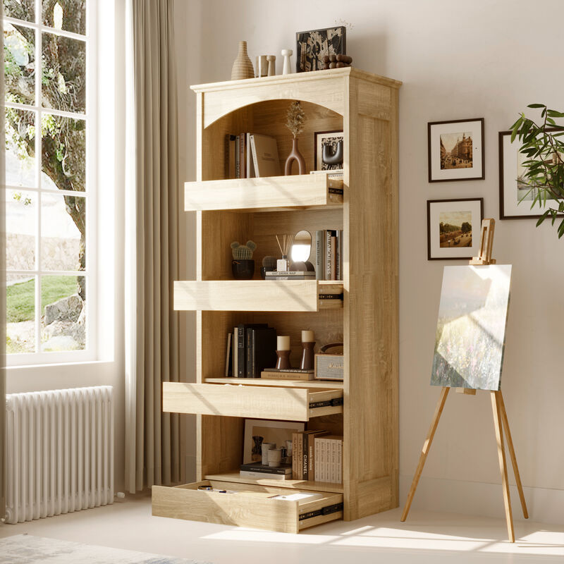 FUFU&GAGA Modern Display Shelf with Hidden Storage Drawers, 4-Tier Open Shelving Unit, Arched Painted Top & Wood Grain Finish, (31.4 in. W x 16.5 in. D x 70.1 in. H), Wood Look