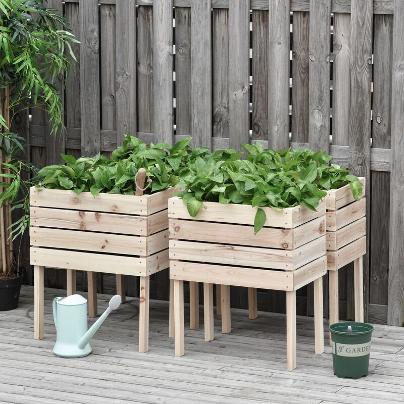 Raised Garden Beds, Set of 4 Wood Box Planters, Draining, Flowers, Herbs