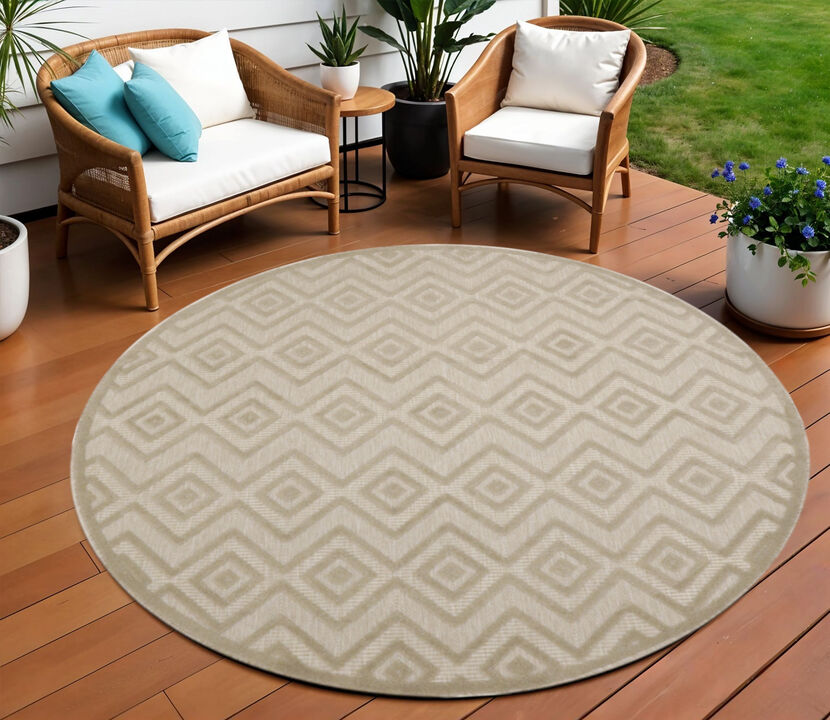 HomeRoots 8' Cream Round Geometric Indoor Outdoor Area Rug