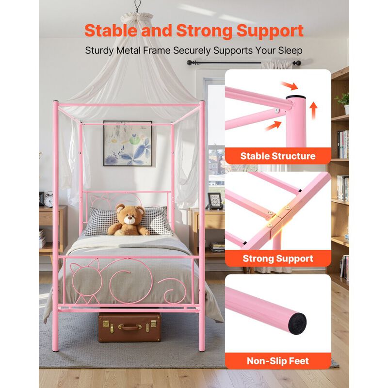 Twin Size Metal Canopy Bed Frame with Headboard, Heavy Duty Steel Slats - Pink image number 7