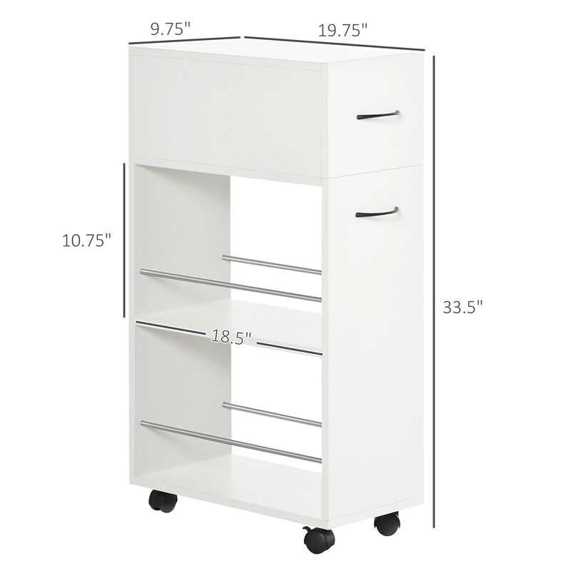 White Kitchen Helper: 3-Tier Slim Rolling Cart with Drawer & Shelves