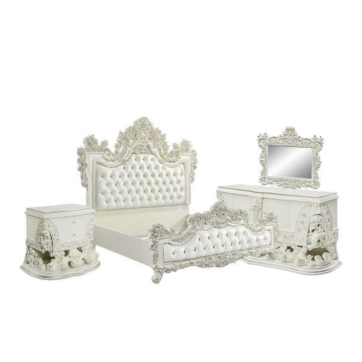 Bo Four Piece Full Bedroom Set, Baroque Style, White Faux Leather Uphosltery - Benzara