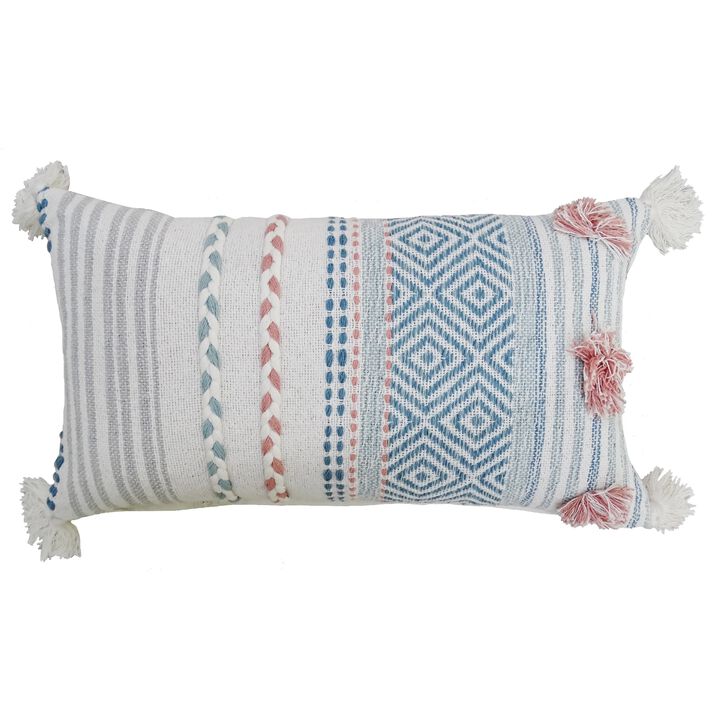 24" White and Blue Striped Rectangular Throw Pillow with Braid and Tassels