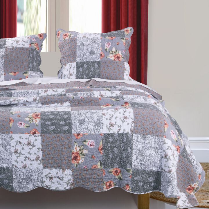 Microfiber Quilt and 1 Pillow Sham Set with Floral Prints, Multicolor - Benzara