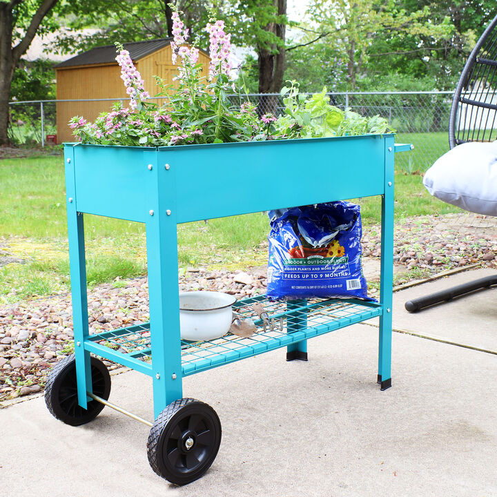 Sunnydaze 43 in Galvanized Steel Mobile Raised Garden Bed Cart - Blue