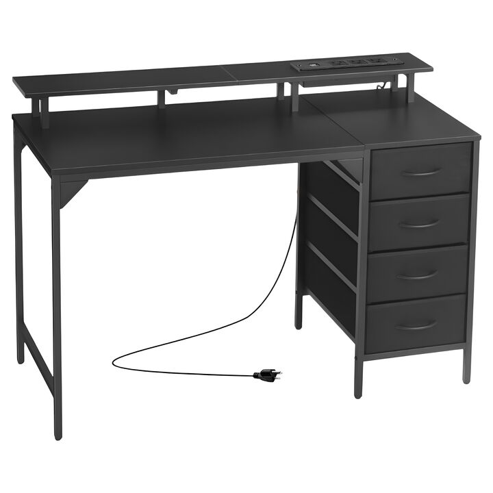 Gaming Desk with LED Lights, Charging Station, 4 Storage Drawers and Monitor Shelf-Black