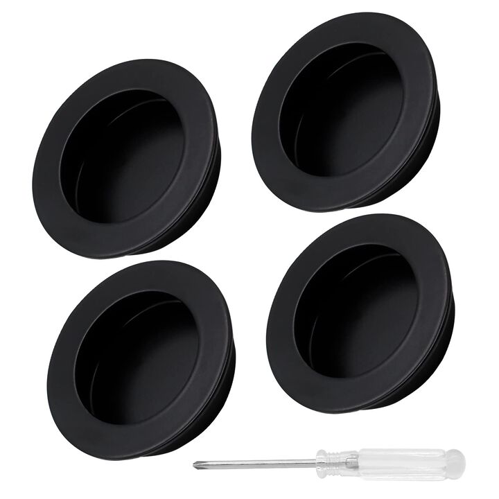 Biaungdo 4 Pcs Black Round Recessed Cabinet Pulls, Stainless Steel Door Finger Pulls Cabinet Handles Sliding Barn Door Pulls for