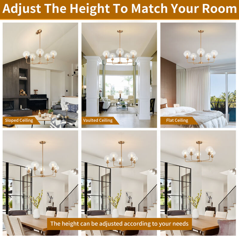 28" Mid-Century Modern 5-Light Antique Brass Dimmable Chandelier image number 4