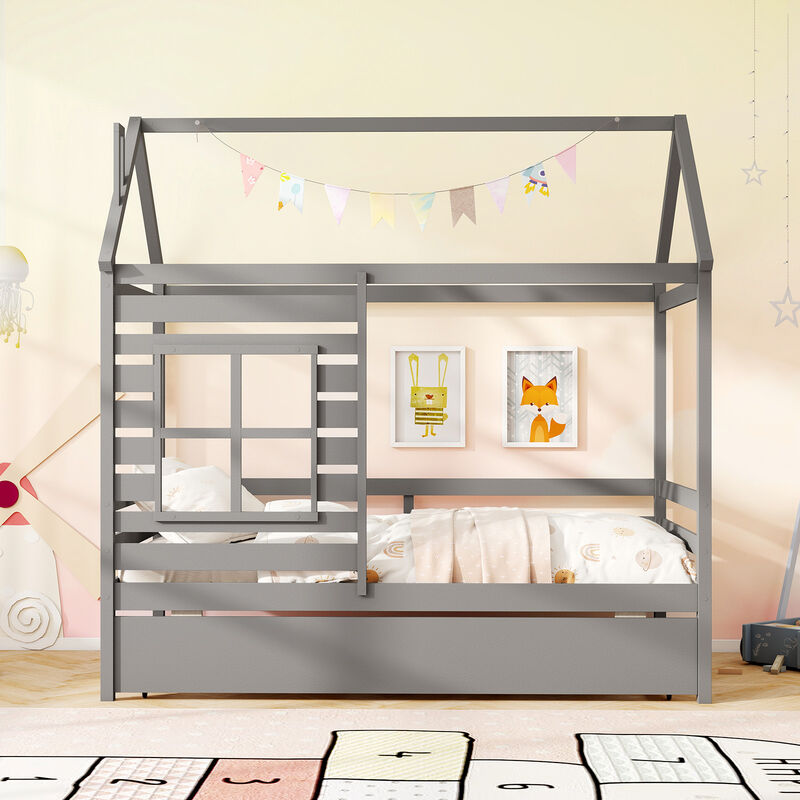 Kids Wood Bed with Roof Canopy and Slide-Out Trundle