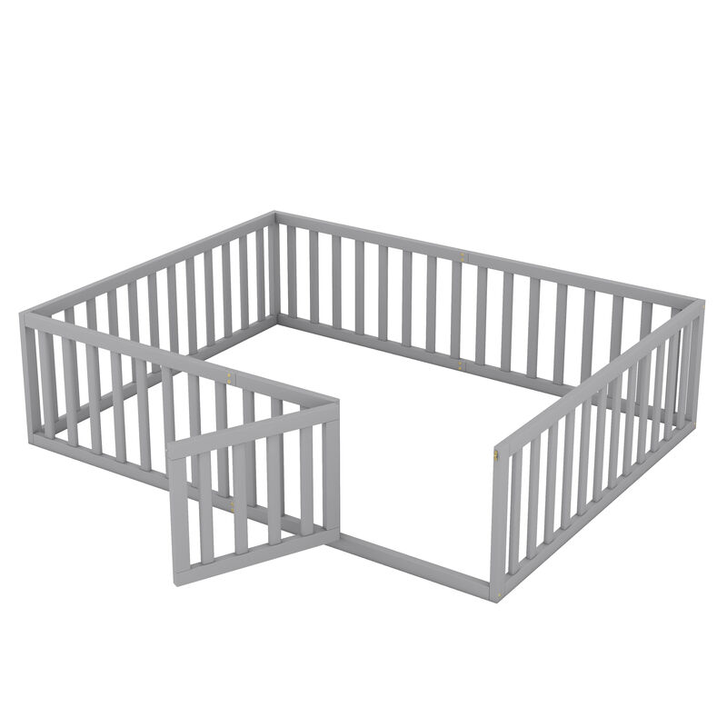 Merax Queen Size Wooden Floor Bed Frame with Safety Fence & Door image number 0
